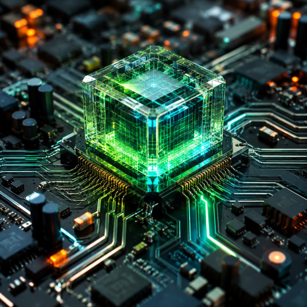 Glowing crystalline AI processor on a circuit board