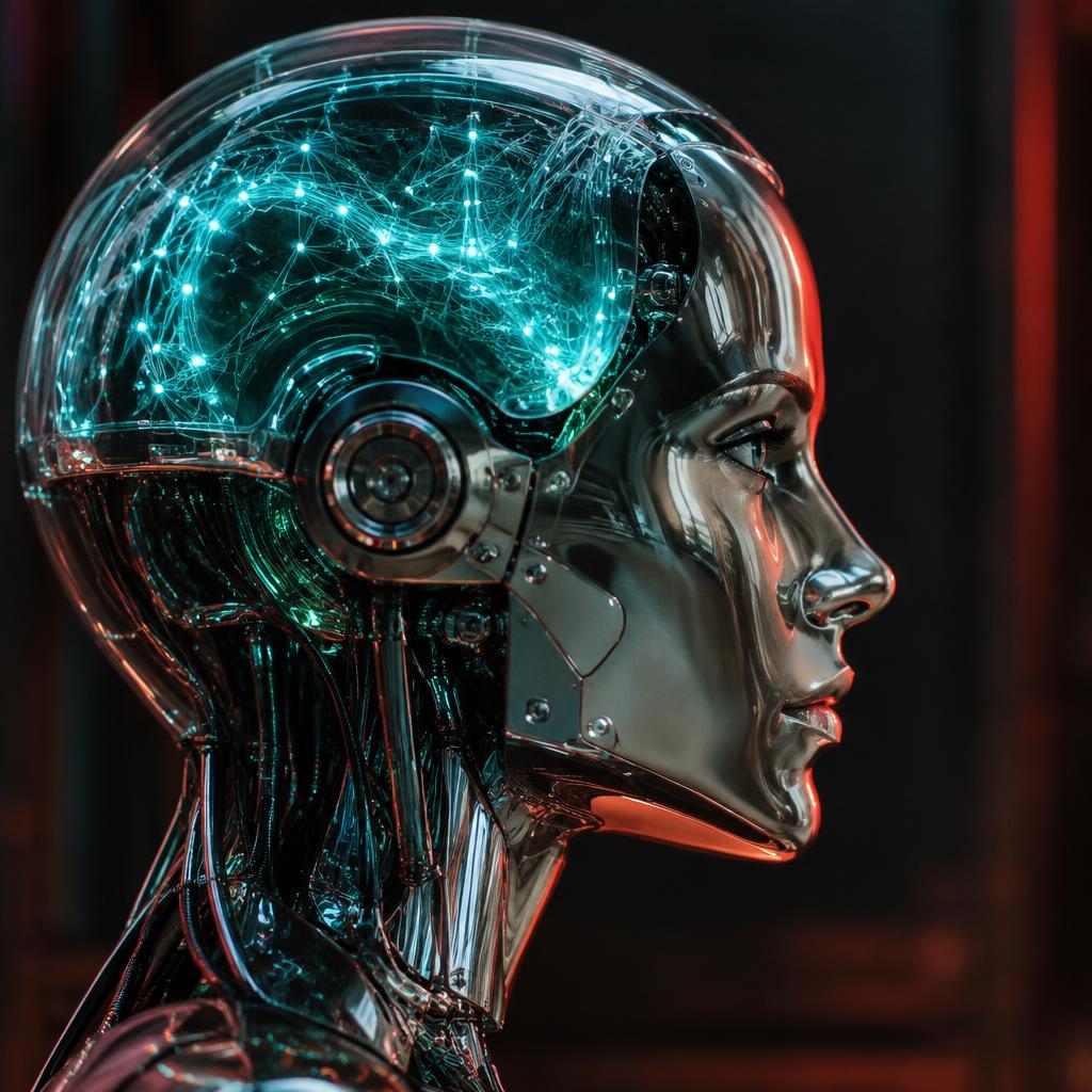 Chrome humanoid with glowing turquoise neural circuitry